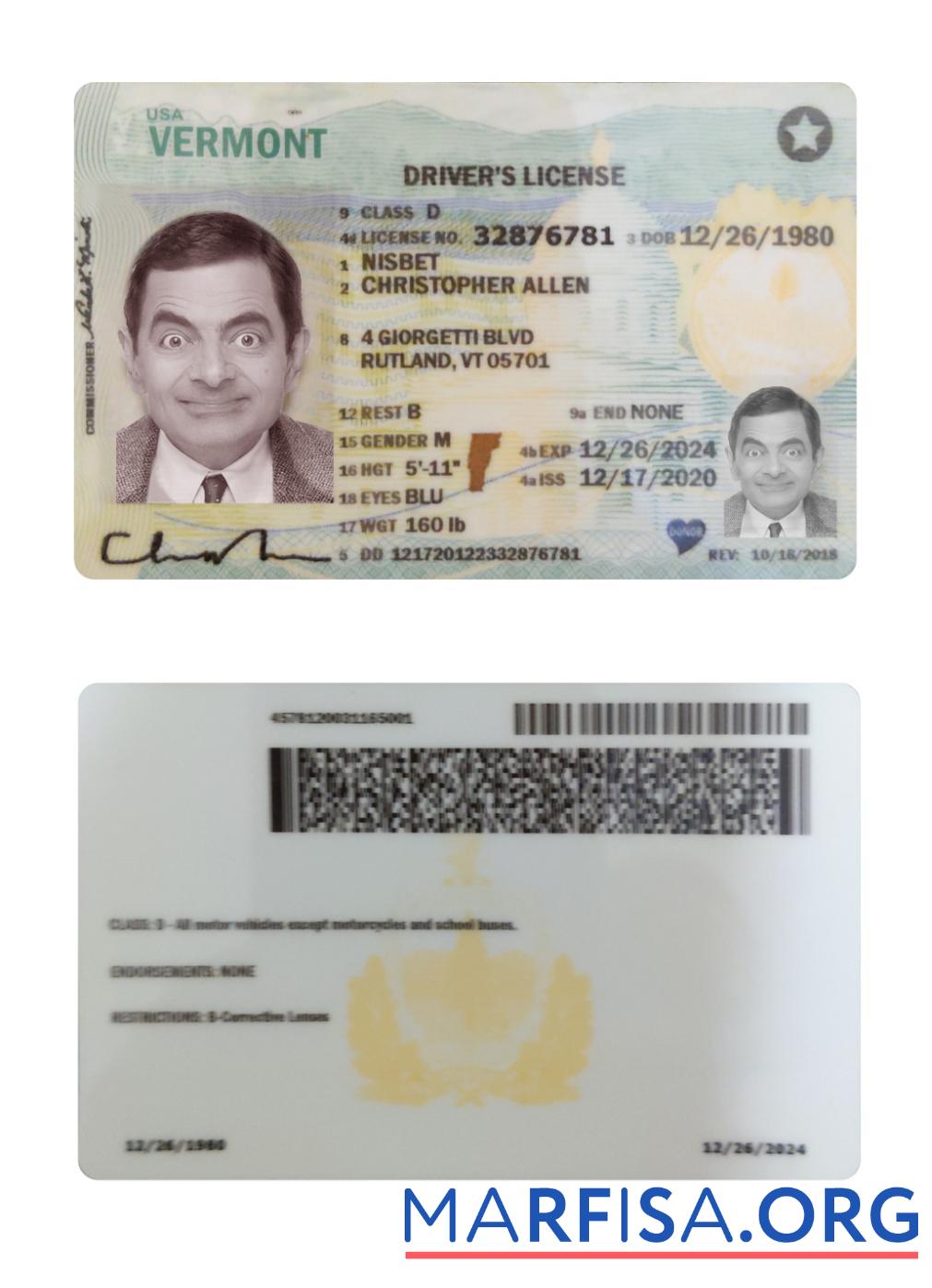 Realistic USA Vermont driving license 2020 present template